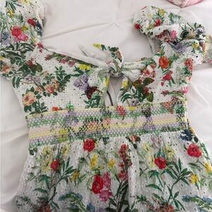 Alice + Olivia White Floral Eyelet Dress with Multicolor Bouquet Print